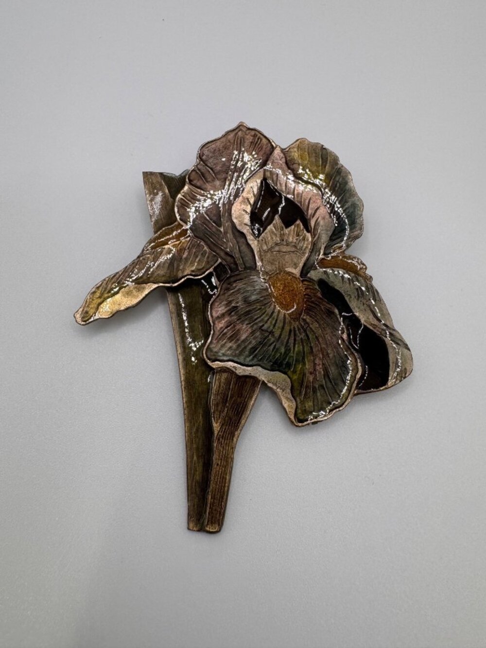 Large Enamel Iris Flower Brooch Black Green Purple Gold Tone Vintage Pin